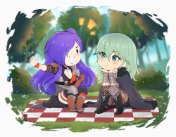 Rule 34 | 2girls, arm guards, blurry, blurry background, blush, boots, breasts, byleth (female) (fire emblem), byleth (fire emblem), cape, chibi, cleavage, enlightened byleth (female), evomanaphy, fire emblem, fire emblem: three houses, fire emblem warriors: three hopes, grass, green hair, hair bun, hair over one eye, heart, highres, light blush, long hair, looking at another, multiple girls, nintendo, open mouth, picnic, purple hair, shez (female) (fire emblem), shez (fire emblem), single hair bun, sitting, smile, tree, yuri