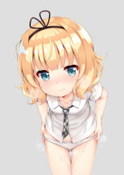 Rule 34 | 1girl, :t, black hairband, black ribbon, blonde hair, blue eyes, breasts, closed mouth, collarbone, commentary request, gochuumon wa usagi desu ka?, grey background, grey necktie, hairband, head tilt, highres, kirima syaro, leaning forward, looking at viewer, necktie, no pants, panties, panty pull, plaid necktie, plaid neckwear, pout, pussy juice, ribbon, shirt, short sleeves, simple background, small breasts, solo, toketou, underwear, undressing, white panties, white shirt