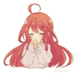 Rule 34 | 1girl, ^ ^, alternate costume, baozi, blush, casual, closed eyes, commentary request, cropped torso, double-parted bangs, eating, facing viewer, food, go-toubun no hanayome, grey sweater, hair between eyes, hair ornament, hands up, happy, highres, holding, holding food, konoquro, long hair, nakano itsuki, red hair, sidelocks, simple background, sleeves past wrists, solo, star (symbol), star hair ornament, sweater, twitter username, very long hair, white background