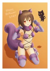 Rule 34 | 1girl, animal ears, black cat, blush, breasts, cat, chomusuke, claw pose, commentary request, cosplay, elbow gloves, fur trim, gloves, halloween, halloween costume, highres, kneeling, kono subarashii sekai ni shukufuku wo!, kuronuketaiyo, looking at viewer, mash kyrielight, mash kyrielight (dangerous beast), mash kyrielight (dangerous beast) (cosplay), megumin, navel, official alternate costume, open mouth, purple gloves, revealing clothes, short hair, small breasts, tail, thighhighs, wolf ears, wolf tail