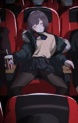 Rule 34 | 1girl, 3d glasses, 5others, black hair, black jacket, black pantyhose, black skirt, blush, bob cut, closed eyes, covered mouth, cup, disposable cup, down jacket, drinking straw, unworn eyewear, fur-trimmed jacket, fur trim, glasses, hair ornament, hairclip, head tilt, highres, holding, holding cup, jacket, long sleeves, mask, mask pull, miniskirt, misa (929382672), mouth mask, movie theater, multiple others, off shoulder, on chair, open clothes, open jacket, original, pantyhose, peeing, peeing self, pleated skirt, saliva, short hair, sitting, skirt, sleeping, spread legs, surgical mask, sweater, yellow sweater
