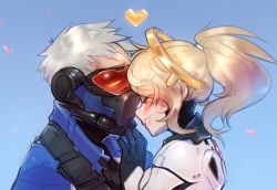 Rule 34 | 1boy, 1girl, ^ ^, blonde hair, blue background, blush, bodysuit, closed eyes, couple, face-to-face, gloves, grin, halo, hand on another&#039;s chin, heart, hensa, hetero, high ponytail, jacket, mask, mechanical halo, mercy (overwatch), overwatch, overwatch 1, petals, ponytail, scar, short hair, silver hair, smile, soldier: 76 (overwatch), watermark, web address