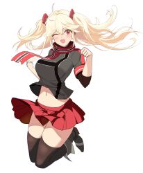 Rule 34 | 1girl, absurdres, azur lane, black footwear, blonde hair, bluecher (azur lane), breasts, brown thighhighs, highres, jumping, large breasts, long hair, miniskirt, multicolored clothes, multicolored scarf, navel, one eye closed, open mouth, pleated skirt, red eyes, red skirt, scarf, shoes, simple background, skirt, solo, thighhighs, white background, wounded shaymin, zettai ryouiki