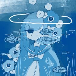 Rule 34 | 1girl, air bubble, arms at sides, black eyes, blue flower, blue hair, blue sailor collar, blue shirt, bubble, closed mouth, dot mouth, fish, flower, highres, jitome, long hair, long sleeves, looking at viewer, neckerchief, no pupils, one eye covered, original, plant, sailor collar, school uniform, serafuku, shirt, sidelocks, solo, sparkle, sskitaco, straight-on, swept bangs, underwater, upper body, white neckerchief, white string