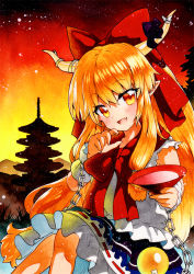 Rule 34 | 1girl, alcohol, architecture, bad id, bad pixiv id, blue skirt, bow, brown eyes, chain, east asian architecture, frills, grass, hair between eyes, hands up, horns, ibuki suika, long hair, looking at viewer, multicolored eyes, open mouth, orange hair, orange sky, purple bow, qqqrinkappp, red bow, red neckwear, red sky, sake, shirt, sitting, skirt, sky, sleeveless, smile, solo, sunset, touhou, traditional media, white shirt, white wristband, wristband, yellow eyes, yellow sky