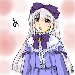 Rule 34 | 1girl, 3.1-tan, :d, a (phrase), blunt bangs, bow, bowtie, capelet, dd (ijigendd), dress, expressionless, eyebrows, frills, hair bow, long sleeves, open mouth, os-tan, pink background, purple bow, purple bowtie, purple dress, purple eyes, silver hair, simple background, smile, solo, text focus, upper body