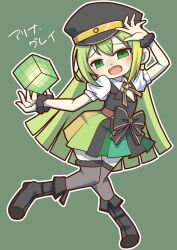 Rule 34 | 1girl, :d, alina gray, black bow, black footwear, black hat, black necktie, black thighhighs, black vest, blonde hair, blunt ends, bow, brooch, character name, collar, cross tie, cube, detached collar, fold-over boots, full body, fur cuffs, gem, green background, green eyes, green gemstone, green hair, hat, highres, jewelry, long hair, magia record: mahou shoujo madoka magica gaiden, magical girl, mahou shoujo madoka magica, multicolored clothes, multicolored hair, multicolored skirt, necktie, open mouth, peaked cap, pleated skirt, puffy short sleeves, puffy sleeves, saigokudou, short sleeves, sidelocks, simple background, skirt, smile, solo, standing, straight hair, streaked hair, striped clothes, striped skirt, thighhighs, v-neck, vertical-striped clothes, vertical-striped skirt, vest, waist bow, white collar, white sleeves