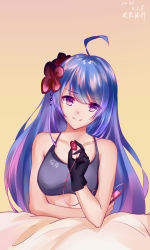 Rule 34 | 1girl, absurdres, ahoge, azur lane, black gloves, blue hair, breasts, chinese commentary, closed mouth, collarbone, commentary request, crossed arms, flower, gloves, hair flower, hair ornament, helena (azur lane), highres, long hair, looking at viewer, medium breasts, purple eyes, sex toy, single glove, smile, solo, sports bra, sportswear, vibrator, yellow background, zhadanzhawugui