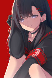 Rule 34 | 1girl, amazumi, armband, black choker, black gloves, black hair, black sailor collar, black serafuku, black shirt, blue archive, choker, closed mouth, commentary request, gloves, grey eyes, hair ornament, hairclip, halo, hand on own cheek, hand on own face, head rest, highres, ichika (blue archive), knees up, long hair, looking at viewer, neckerchief, parted bangs, red armband, red background, red halo, red neckerchief, sailor collar, school uniform, serafuku, shirt, simple background, smile, solo