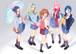 Rule 34 | 10s, 5girls, ahoge, aqua eyes, backpack, bag, blue eyes, blue hair, blue jacket, book, boots, bow, bowtie, breasts, brown hair, candy, cellphone, clothes around waist, darling in the franxx, fiodo, folded hair, food, glasses, green eyes, grey legwear, hair ornament, hairband, hairclip, highres, holding, holding book, holding phone, holding umbrella, hood, hood down, hoodie, horns, ichigo (darling in the franxx), ikuno (darling in the franxx), jacket, kokoro (darling in the franxx), light brown hair, lollipop, long hair, looking at viewer, miku (darling in the franxx), multiple girls, necktie, phone, pink hair, plaid, plaid skirt, red horns, red scarf, scarf, school bag, school uniform, short hair, skirt, sleeves rolled up, smile, socks, standing, sweater, sweater around waist, twintails, umbrella, uniform, v, wavy hair, zero two (darling in the franxx)