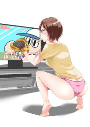 Rule 34 | 1girl, ass, barefoot, baseball glove, baseball helmet, brown eyes, brown hair, food, food in mouth, from behind, hands up, helmet, highres, lace, lace-trimmed panties, lace trim, legs, mouth hold, murabito c, original, panties, pink panties, popsicle, profile, shirt, short hair, short sleeves, simple background, soles, solo, squatting, television, thighs, underwear, watching television, white background, yellow shirt