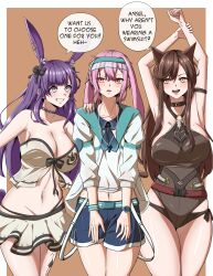 Rule 34 | 1boy, 2girls, :d, absurdres, animal ears, ansel (arknights), ansel (casual vacation) (arknights), arknights, armpits, arms up, belt, bikini, bikini skirt, black bow, black choker, black one-piece swimsuit, blue shorts, bow, breasts, brown background, brown hair, cat ears, choker, commentary, grey bikini, grey eyes, grin, hair bow, highres, large breasts, long hair, long sleeves, looking at another, multiple girls, navel, one-piece swimsuit, open mouth, purple hair, rabbit ears, red belt, rope (arknights), rope (summer flowers) (arknights), shirt, short shorts, shorts, skyfire (arknights), skyfire (temperature difference) (arknights), smile, stomach, strapless, strapless bikini, swimsuit, symmetricturd, thighs, trap, very long hair, visor cap, white shirt, yellow eyes