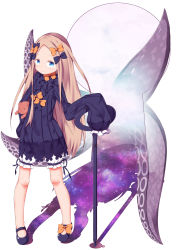 Rule 34 | 1girl, abigail williams (fate), absurdres, black bow, black dress, black footwear, blonde hair, bloomers, blue eyes, blush, bow, bug, butterfly, closed mouth, commentary request, dress, fate/grand order, fate (series), forehead, hair bow, highres, insect, keyhole, long hair, long sleeves, mary janes, no headwear, hugging object, orange bow, parted bangs, polka dot, polka dot bow, shoes, sleeves past fingers, sleeves past wrists, smile, solo, sparkle, standing, stuffed animal, stuffed toy, su guryu, suction cups, teddy bear, tentacles, underwear, very long hair, white background, white bloomers