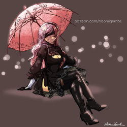 Rule 34 | 1girl, blindfold, boots, breasts, brown hair, cleavage, cleavage cutout, clothing cutout, cosplay, dress, high heel boots, high heels, crossed legs, looking at viewer, multicolored hair, neo politan, nier (series), nier:automata, pink hair, rwby, side slit, smile, solo, two-tone hair, umbrella, 2b (nier:automata), 2b (nier:automata) (cosplay)