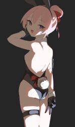 1girl :d animal_ears ass bare_shoulders black_background black_gloves blush breasts detached_collar fake_animal_ears gloves leotard looking_at_viewer open_mouth original pink_eyes pink_hair playboy_bunny rabbit_ears rabbit_tail simple_background skeptycally small_breasts smile solo tail thigh_strap v