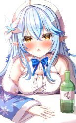 Rule 34 | 1girl, absurdres, bare shoulders, blue hair, bottle, highres, hololive, looking at viewer, open mouth, pointy ears, simple background, solo, torimuraa, virtual youtuber, yellow eyes, yukihana lamy