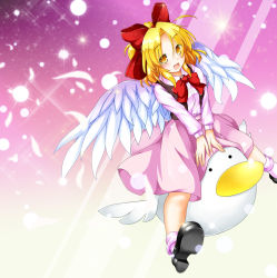 Rule 34 | 1girl, :d, aka tawashi, black footwear, black vest, blonde hair, blush, bobby socks, bow, bowtie, dress shirt, feathered wings, feathers, full body, gengetsu (touhou), hair bow, hair intakes, high heels, highres, long sleeves, looking at viewer, mary janes, open clothes, open mouth, open vest, pink shirt, pink skirt, pink socks, platform footwear, puffy long sleeves, puffy sleeves, red bow, red bowtie, riding, shirt, shoe soles, shoes, short hair, skirt, skirt set, smile, socks, solo, touhou, touhou (pc-98), v arms, vest, white wings, wings, yellow eyes