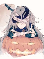 Rule 34 | 1girl, bandage over one eye, bandaged arm, bandaged head, bandages, blue scarf, commentary, crossed arms, g11 (girls&#039; frontline), girls&#039; frontline, grey hair, hair between eyes, halloween, jack-o&#039;-lantern, kashii (amoranorem), knife, knife in head, looking at viewer, messy hair, object through head, open mouth, pumpkin, scarf, solo, torn clothes, yellow eyes