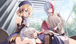 Rule 34 | 3girls, acchii (akina), admiral graf spee (azur lane), admiral graf spee (peaceful daily life) (azur lane), azur lane, beret, bike shorts, black choker, black jacket, blonde hair, blue eyes, blue headwear, blue sky, blunt bangs, blush, bow, choker, closed eyes, closed mouth, cloud, commentary request, cross hair ornament, day, detached sleeves, dutch angle, finger to mouth, from below, gloves, grey hair, hair bow, hair ornament, hat, hat bow, headpiece, highres, indoors, jacket, lap pillow, long hair, looking at another, multicolored hair, multiple girls, off shoulder, official alternate costume, red hair, short hair, sky, sleeping, smile, streaked hair, sweater, thighs, tree, two-tone hair, very long hair, white bow, white gloves, white hair, z23 (azur lane), z46 (azur lane)