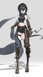 Rule 34 | 1girl, absurdres, aqua eyes, aqua hair, asymmetrical legwear, black hair, boots, breasts, chaps, cleats, colored inner hair, dagger, elbow gloves, fantasy, full body, gloves, gradient background, grey background, highres, holding, holding dagger, holding knife, holding weapon, ikasamahideo, khopesh, knife, leather, leather boots, leather gloves, medium breasts, midriff, multicolored hair, navel, original, reverse grip, scarf, shadow, short hair, shorts, signature, solo, standing, steel-toe boots, two-tone hair, weapon, white background