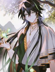 Rule 34 | 0nashiro, 1boy, black hair, branch, chinese clothes, closed mouth, company connection, crossover, earrings, genshin impact, gold choker, green eyes, highres, honkai (series), honkai impact 3rd, jewelry, leaf, long hair, looking at viewer, mihoyo, mountainous horizon, multicolored hair, necklace, ring, short sleeves, sky, smile, streaked hair, su (honkai impact), tree, white sky