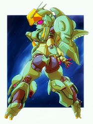 Rule 34 | ass, border, from behind, gundam, gundam zz, marokko (41evol), mecha, mobile suit, no humans, outside border, pink eyes, quin mantha, robot, science fiction, solo, space, white border