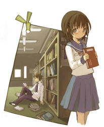 Rule 34 | 1boy, 1girl, asami (artist), book, bookshelf, glasses, library, original, school uniform, serafuku