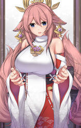Rule 34 | 1girl, :d, animal ears, bare shoulders, blue eyes, blush, breasts, commentary, cowboy shot, detached sleeves, english commentary, fox ears, fox tail, genshin impact, hair between eyes, highres, hip vent, large breasts, long hair, long sleeves, looking at viewer, multiple tails, nontraditional miko, open mouth, pink hair, red skirt, sheita, shirt, sidelocks, skirt, sleeveless, sleeveless shirt, smile, solo, standing, tail, very long hair, white shirt, yae miko
