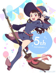 Rule 34 | 1girl, anniversary, arikindows10, asymmetrical bangs, balloon, belt, between legs, blue footwear, blue robe, boots, breasts, broom, brown hair, confetti, flipped hair, hand up, hat, hat belt, highres, holding, holding broom, hood, hood down, hooded robe, kagari atsuko, light blush, little witch academia, long hair, long sleeves, looking at viewer, midair, open mouth, red belt, red eyes, robe, round teeth, simple background, small breasts, solo, star (symbol), swept bangs, tareme, teeth, twitter username, upper teeth only, wand, waving, witch hat