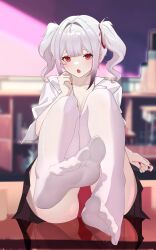 Rule 34 | 1girl, absurdres, breasts, chips (artist), cleavage, feet, grey hair, highres, light blush, long hair, looking at viewer, medium breasts, open mouth, panties, pantyshot, red eyes, soles, solo, thighhighs, twintails, underwear, white thighhighs