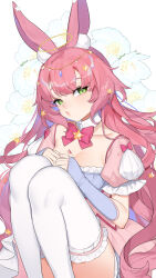 1girl absurdres animal_ear_fluff animal_ears bow bowtie breasts cleavage closed_mouth collarbone commentary commission detached_collar detached_sleeves dreamy_etude flower green_eyes hair_ornament halo highres indie_virtual_youtuber knees_up long_hair mayuri_kaichou medium_breasts nail_polish pink_bow pink_bowtie pink_hair pink_nails rabbit_ears sitting skeb_commission solo star_(symbol) star_hair_ornament thick_lips thighhighs virtual_youtuber white_flower white_thighhighs