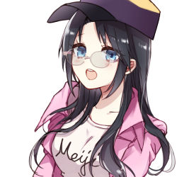 Rule 34 | 1girl, :o, baseball cap, black hair, blue eyes, casual, glasses, hat, highres, jacket, long hair, long sleeves, looking at viewer, open mouth, original, pink jacket, purple hat, rico tta, shirt, simple background, solo, white background, white shirt