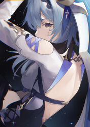 Rule 34 | 1girl, absurdres, back cutout, black thighhighs, blue hair, breasts, chromatic aberration, clothing cutout, commentary, eula (genshin impact), from behind, genshin impact, gradient eyes, highres, igawa hikaru, light particles, long hair, looking at viewer, looking back, medium breasts, multicolored eyes, purple eyes, shoulder cutout, solo, thighhighs, upper body, yellow eyes