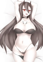 Rule 34 | 10s, 1girl, :d, absurdres, abyssal ship, areola slip, armpits, arms up, battleship princess, battleship summer princess, bikini, black bikini, black hair, black panties, breasts, choker, collarbone, colored skin, hair between eyes, highleg, highleg panties, highres, horns, kantai collection, large breasts, long hair, looking at viewer, lying, micro panties, naughty face, on back, open mouth, pale skin, panties, partially visible vulva, red eyes, side-tie bikini bottom, skin-covered horns, smile, solo, swimsuit, tongue, tongue out, underwear, vereshhagin, very long hair, white skin, wide hips
