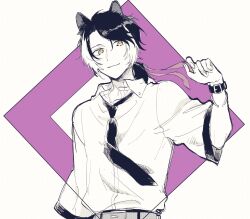 Rule 34 | 1boy, animal ears, belt, belt buckle, black hair, bracelet, buckle, collared shirt, fingernails, fugampiyo, greyscale, hair ribbon, hand up, highres, holding, holding ribbon, holostars, jackal boy, jackal ears, jewelry, kageyama shien, looking at viewer, low ponytail, male focus, medium hair, monochrome, multicolored hair, necktie, official alternate costume, open collar, pink ribbon, purple background, ribbon, sharp fingernails, shirt, short sleeves, smile, solo, spot color, swept bangs, two-tone background, two-tone hair, upper body, virtual youtuber, watch, white background, white hair, wristwatch, yellow eyes