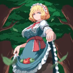 Rule 34 | 1girl, alice margatroid, apple, blonde hair, blue dress, blue eyes, blurry, blurry foreground, breasts, capelet, closed mouth, clothes lift, commentary, dress, dress lift, food, forest, frilled dress, frilled hairband, frilled ribbon, frills, from below, fruit, hairband, highres, jewelry, large breasts, leaf, looking at viewer, nature, nukekip, paid reward available, pantyhose, pixel art, red ribbon, ribbon, ring, short hair, short sleeves, smile, solo, touhou, tree