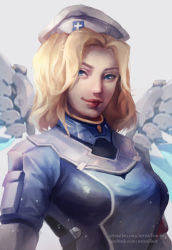 Rule 34 | 1girl, alternate hairstyle, beret, blonde hair, blue bodysuit, blue eyes, blue wings, bodysuit, breasts, combat medic ziegler, commentary, hat, highres, lien-tsu, long sleeves, looking at viewer, mechanical wings, mercy (overwatch), nose, official alternate costume, overwatch, overwatch 1, red lips, simple background, small breasts, smile, solo, upper body, watermark, web address, white background, white hat, wings