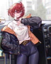 Rule 34 | 1girl, ange katrina, ange katrina (5th costume), black jacket, black pants, blue eyes, blurry, blurry background, blush, car, collarbone, denim, earrings, hand on own neck, high-waist pants, highres, jacket, jeans, jewelry, kamitoge supino, light smile, looking at viewer, motor vehicle, nijisanji, official alternate costume, pants, revision, shirt, short hair, solo, virtual youtuber, white shirt
