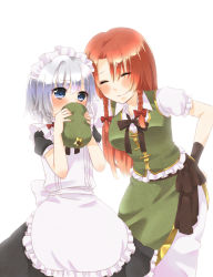 Rule 34 | 2girls, aged down, apron, black dress, blue eyes, blush, braid, chinese clothes, chitose (usacan), closed eyes, covering own mouth, dress, female focus, hair ribbon, hand on own hip, hat, highres, hong meiling, izayoi sakuya, long hair, maid, maid apron, maid headdress, multiple girls, pants, pants under skirt, puffy sleeves, red hair, ribbon, sash, shirt, short hair, short sleeves, silver hair, simple background, skirt, skirt set, smile, star (symbol), touhou, twin braids, unworn hat, unworn headwear, usacan, vest, white background