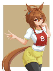 Rule 34 | 1girl, agnes tachyon (umamusume), ahoge, animal ears, black pantyhose, brown background, brown hair, character name, closed mouth, commentary, cowboy shot, earrings, gym shirt, gym shorts, gym uniform, hand to own mouth, highres, horse ears, horse girl, horse tail, jewelry, kemuri (etep3372), looking at viewer, pantyhose, pantyhose under shorts, race bib, red eyes, shirt, short hair, short sleeves, shorts, single earring, smile, solo, standing, t-shirt, tail, translated, umamusume, white shirt, yellow shorts