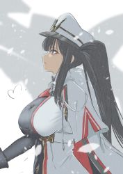 Rule 34 | 1girl, azur lane, black hair, breasts, cape, commentary request, from side, hat, highres, large breasts, military, military hat, military uniform, mitsugu, mole, mole under eye, peaked cap, peter strasser (azur lane), sidelocks, snowing, twintails, uniform, white hat
