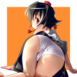 Rule 34 | 1girl, all fours, arm support, ass, bad id, bad pixiv id, barefoot, bent over, black hair, derivative work, duplicate, female focus, hat, looking at viewer, looking back, mahan, panties, red eyes, shameimaru aya, short hair, skirt, solo, thigh gap, thighs, touhou, underwear, white panties