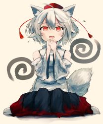 Rule 34 | 1girl, @ @, animal ear fluff, animal ears, ar (maeus), bare shoulders, blush, detached sleeves, full body, hat, inubashiri momiji, looking at viewer, open mouth, pom pom (clothes), red eyes, red hat, shirt, short hair, sitting, solo, tail, tears, tokin hat, touhou, white hair, white shirt, wolf ears, wolf tail, yellow background