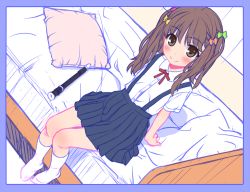 Rule 34 | 1girl, aoi kumiko, blush, brown eyes, brown hair, flat chest, flute, from above, hair ornament, hair ribbon, instrument, kneehighs, long hair, looking at viewer, looking up, original, pleated skirt, recorder, ribbon, school uniform, shirt, short sleeves, sitting, sketch, skirt, smile, socks, solo, suspenders, two side up, white socks, white shirt
