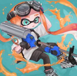 Rule 34 | 1girl, aqua background, aqua eyes, black leggings, black shorts, commentary request, cross-laced footwear, e-liter 4k (splatoon), goggles, goggles on head, gun, highres, holding, holding gun, holding weapon, inkling, inkling girl, inkling player character, leggings, leggings under shorts, long hair, mori (spmoiy), nintendo, open mouth, orange hair, paint, shirt, shoes, shorts, simple background, solo, splatoon (series), splatoon 3, tentacle hair, weapon, white shirt
