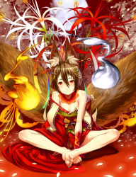 Rule 34 | 1girl, animal ears, bad id, bad pixiv id, bare shoulders, barefoot, bow, brown hair, feet, fire, flat chest, flower, hair ornament, highres, indian style, japanese clothes, kimono, legs, multiple tails, npa (sirokurokuma), original, petals, red eyes, short hair, sitting, smile, soles, solo, tail, toes, wings