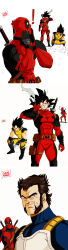 ! 4boys abs absurdres armor artist_name back beard belt black_gloves black_hair blood bodysuit boots brown_hair claw_(weapon) closed_mouth cosplay crossover deadpool deadpool_&amp;_wolverine deadpool_(cosplay) deadpool_(series) dirty dragon_ball dragonball_z facial_hair gloves hands_on_own_face highres incredibly_absurdres injury katana looking_at_another looking_at_viewer male_focus marvel marvel_cinematic_universe multiple_boys muscular muscular_male red_bodysuit red_mask salvamakoto short_hair simple_background sitting smile son_goku spiked_hair standing superhero_costume surprised sword thumbs_up two-tone_bodysuit utility_belt vegeta vegeta_(cosplay) weapon weapon_on_back widow&#039;s_peak wolverine_(x-men) wolverine_(x-men)_(cosplay) x-men yellow_bodysuit