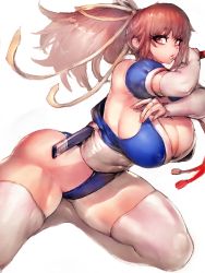 Rule 34 | 1girl, ass, blue leotard, breasts, brown eyes, brown hair, cleavage, curvy, dead or alive, elbow gloves, fumio (rsqkr), gloves, highres, holding, holding sword, holding weapon, japanese clothes, kasumi (doa), large breasts, leotard, lips, long hair, ninja, ponytail, puffy sleeves, running, sash, sheath, sword, thick lips, thick thighs, thighhighs, thighs, weapon, white background, white gloves, white thighhighs