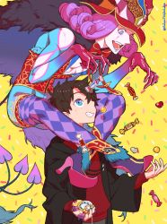 Rule 34 | 2boys, argyle, argyle clothes, argyle legwear, black hair, blue eyes, blue lips, candy, cape, carrying, center opening, colored skin, colorful, confetti, crossed legs, curly hair, demon boy, fate/grand order, fate (series), food, fujimaru ritsuka (male), fujimaru ritsuka (male) (mage&#039;s association uniform), fur-trimmed cape, fur collar, fur trim, gao, grin, hat, headpiece, high heels, horns, long sleeves, makeup, male focus, medium hair, mephistopheles (fate), multicolored background, multicolored eyes, multiple boys, multiple tails, official alternate costume, open mouth, pantyhose, piggyback, purple eyes, purple hair, red shirt, sara (kurome1127), shirt, short hair, smile, tail, teardrop, thick eyebrows, tick tock bomb, twitter username, unzipped, white skin, wide sleeves, yellow background