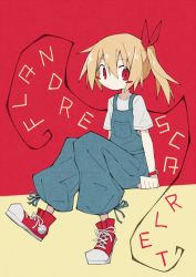 Rule 34 | 1girl, alternate costume, alternate wings, asameshi, baggy pants, blonde hair, blush stickers, bow, character name, commentary, contemporary, converse, cross-laced footwear, flandre scarlet, flat color, full body, hair bow, high tops, overalls, pants, red background, red bow, red eyes, red footwear, shirt, short hair, short sleeves, side ponytail, sitting, sneakers, solo, touhou, white shirt, wings, yellow background